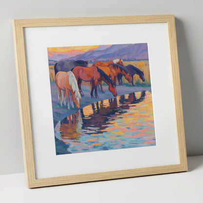 Reflections at Dusk wild horses art print in natural frame