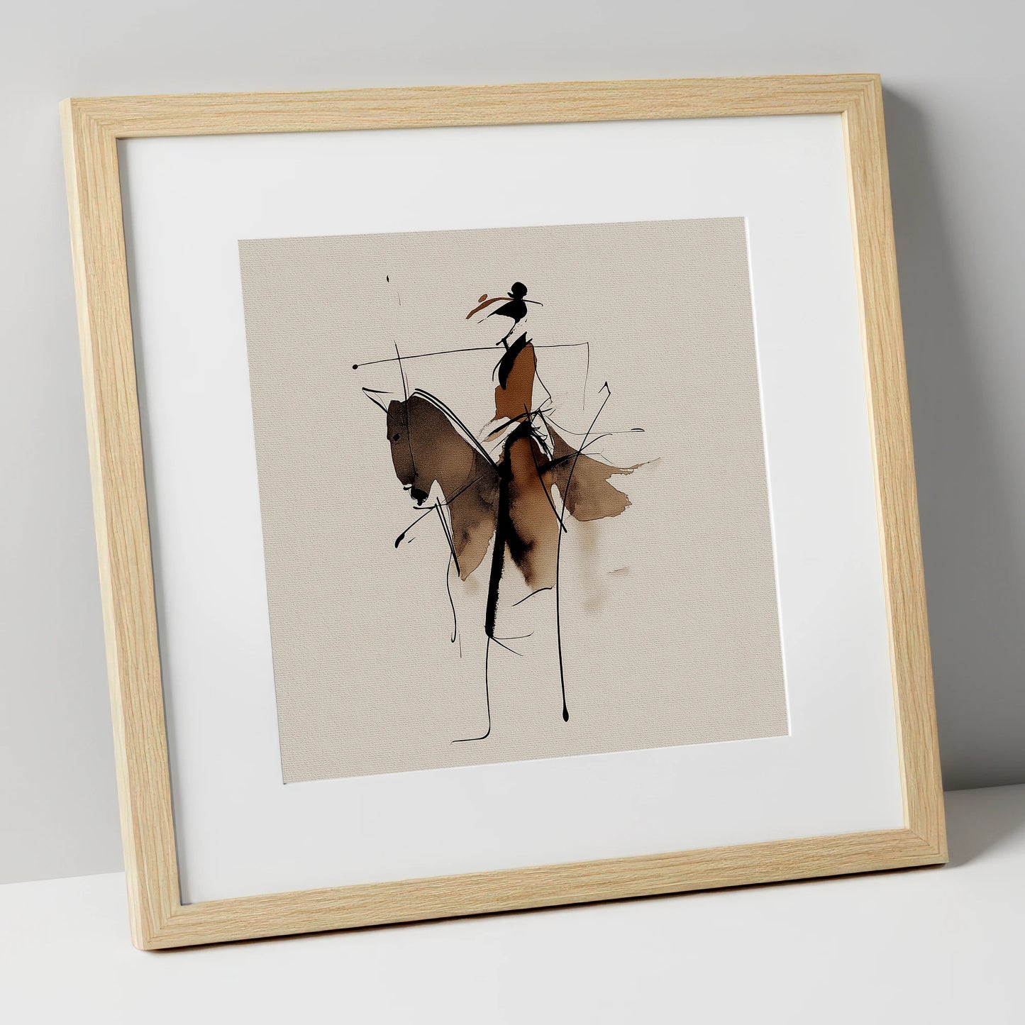 Abstract Sepia Rider horse & rider art print in natural frame