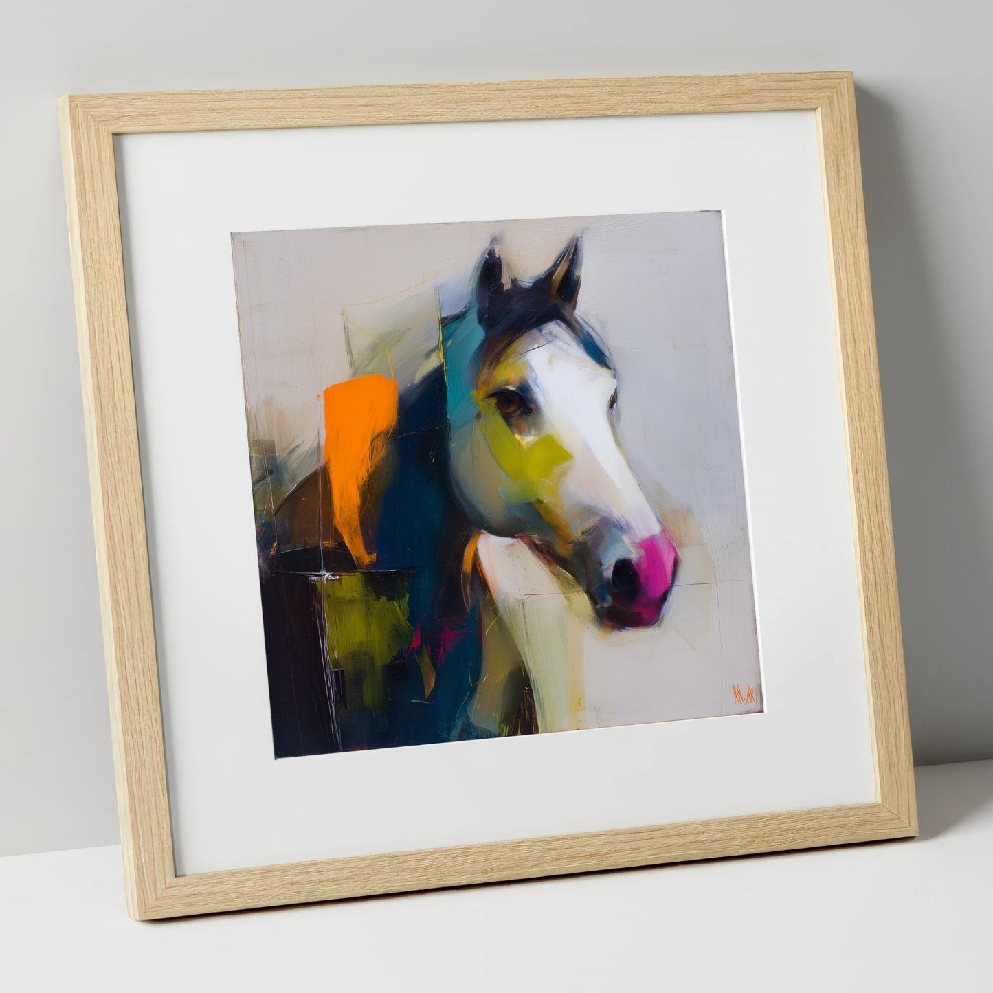 Vivid Equine Profile horse portrait art print in natural frame
