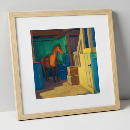 Vibrant Stable Light horse stable art print in natural frame