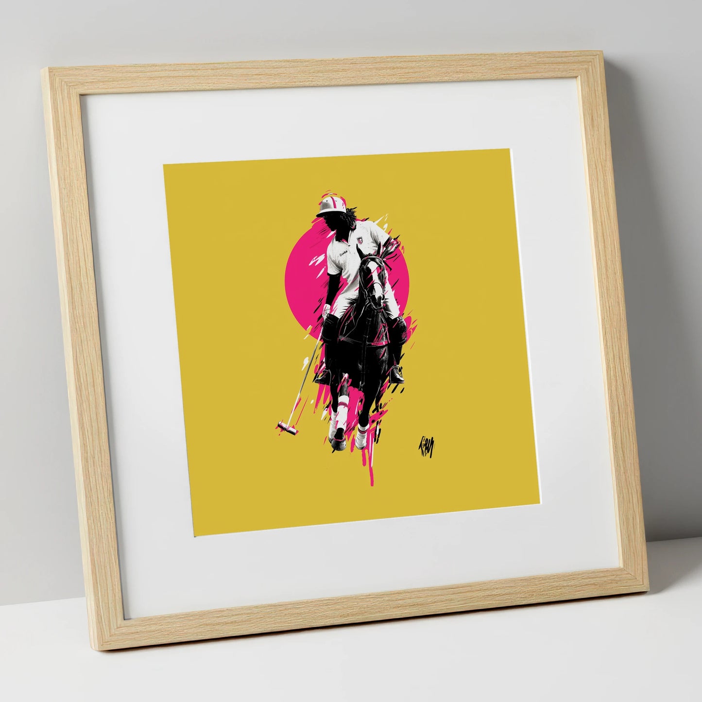 The Vibrant Chukka polo horse art print in natural frame