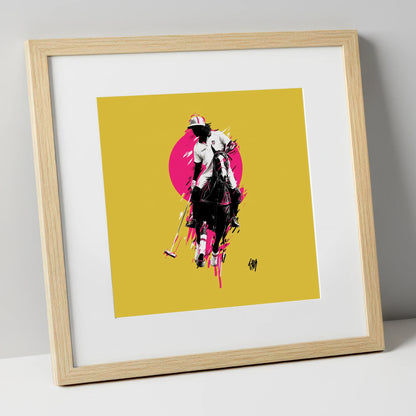 The Vibrant Chukka polo horse art print in natural frame