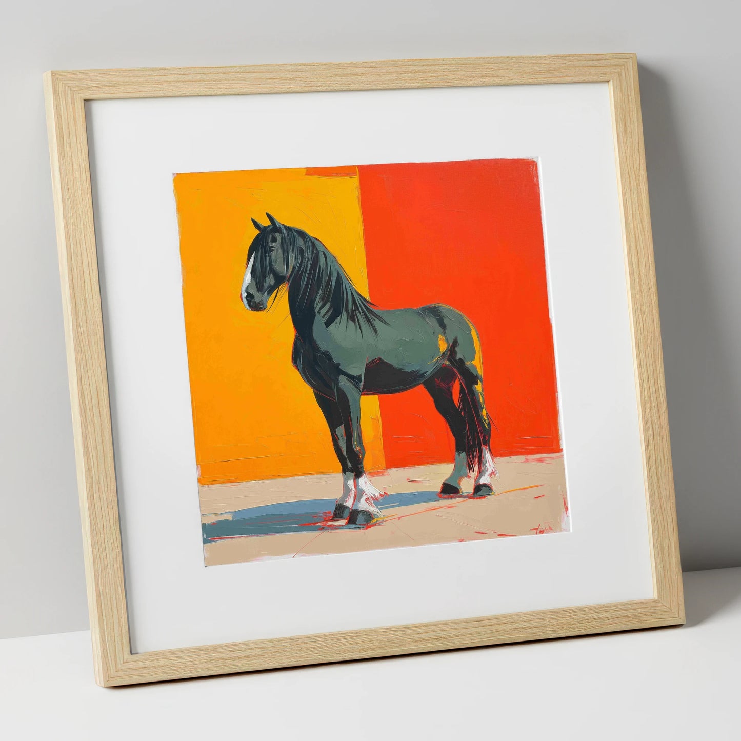 Vibrant Shire Portrait horse breed art print in natural frame