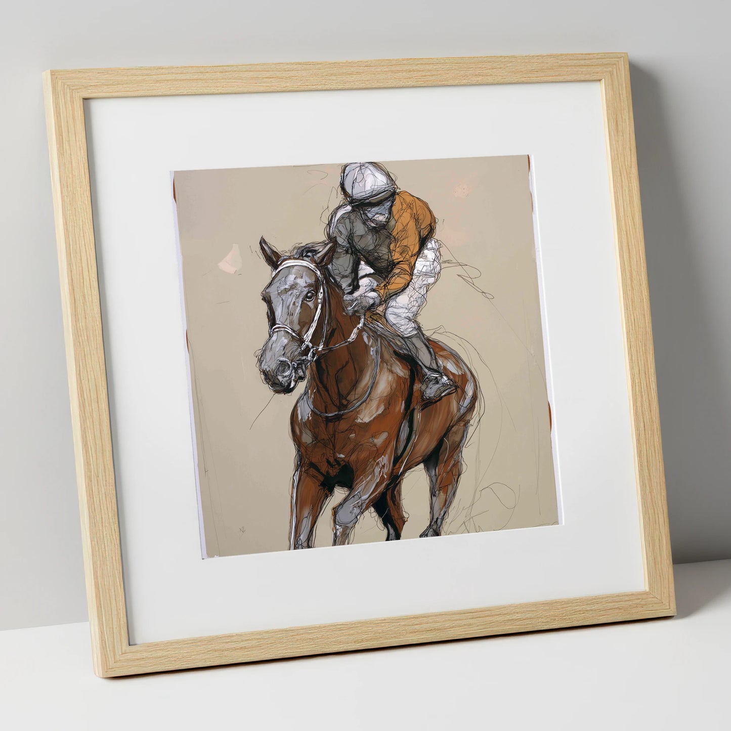 Pace and Power racing horse art print in natural frame