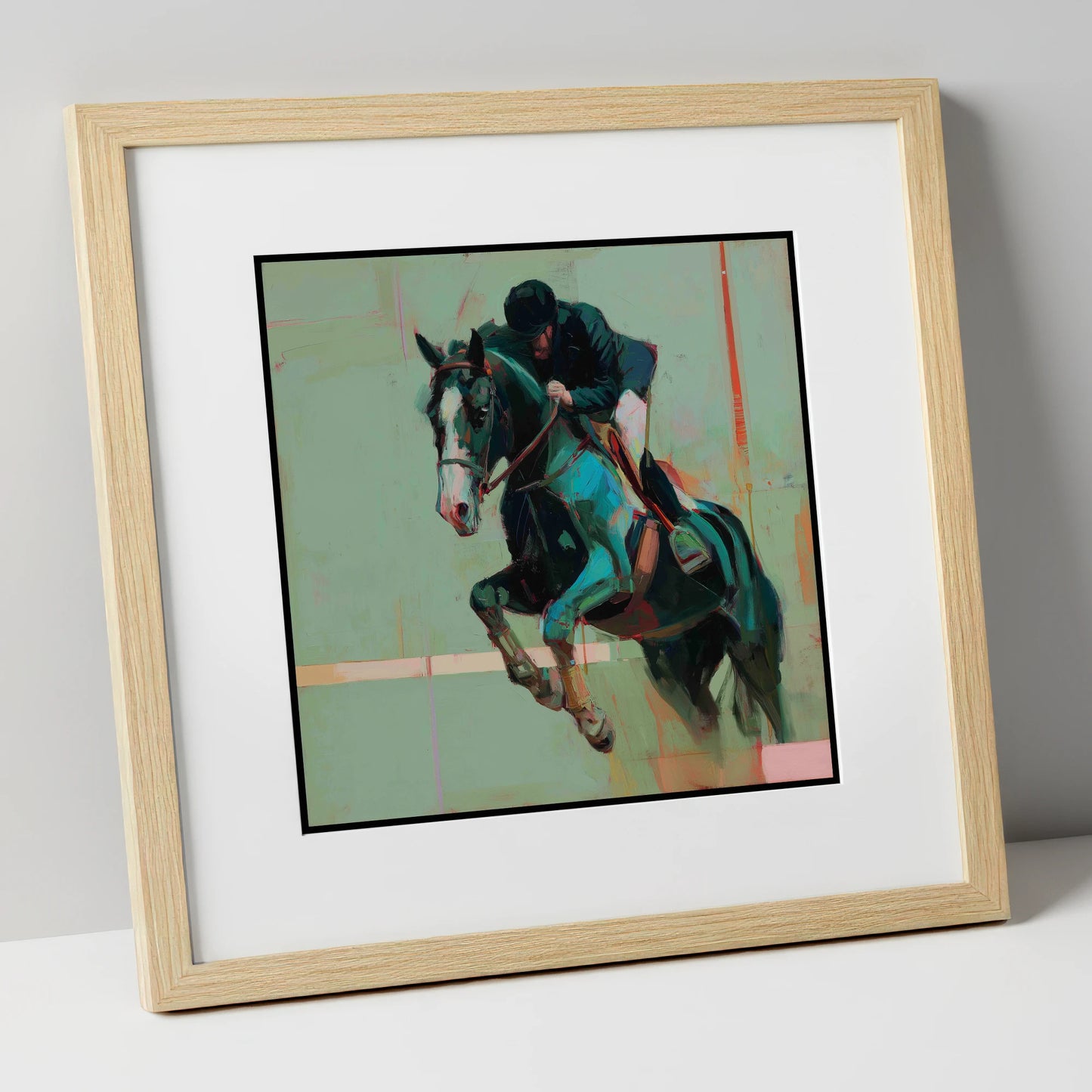 Airborne in Teal show jumping horse art print in natural frame