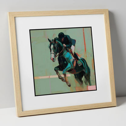 Airborne in Teal show jumping horse art print in natural frame