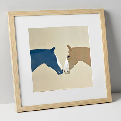Navy and Tan Horses Greeting horse portrait art print in natural frame