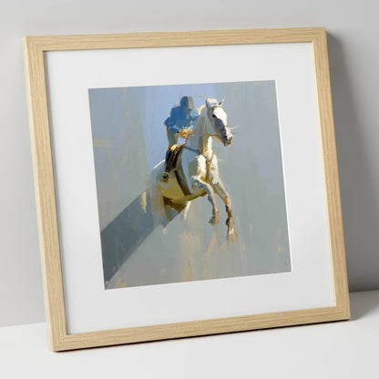 Suspended in Blue show jumping horse art print in natural frame