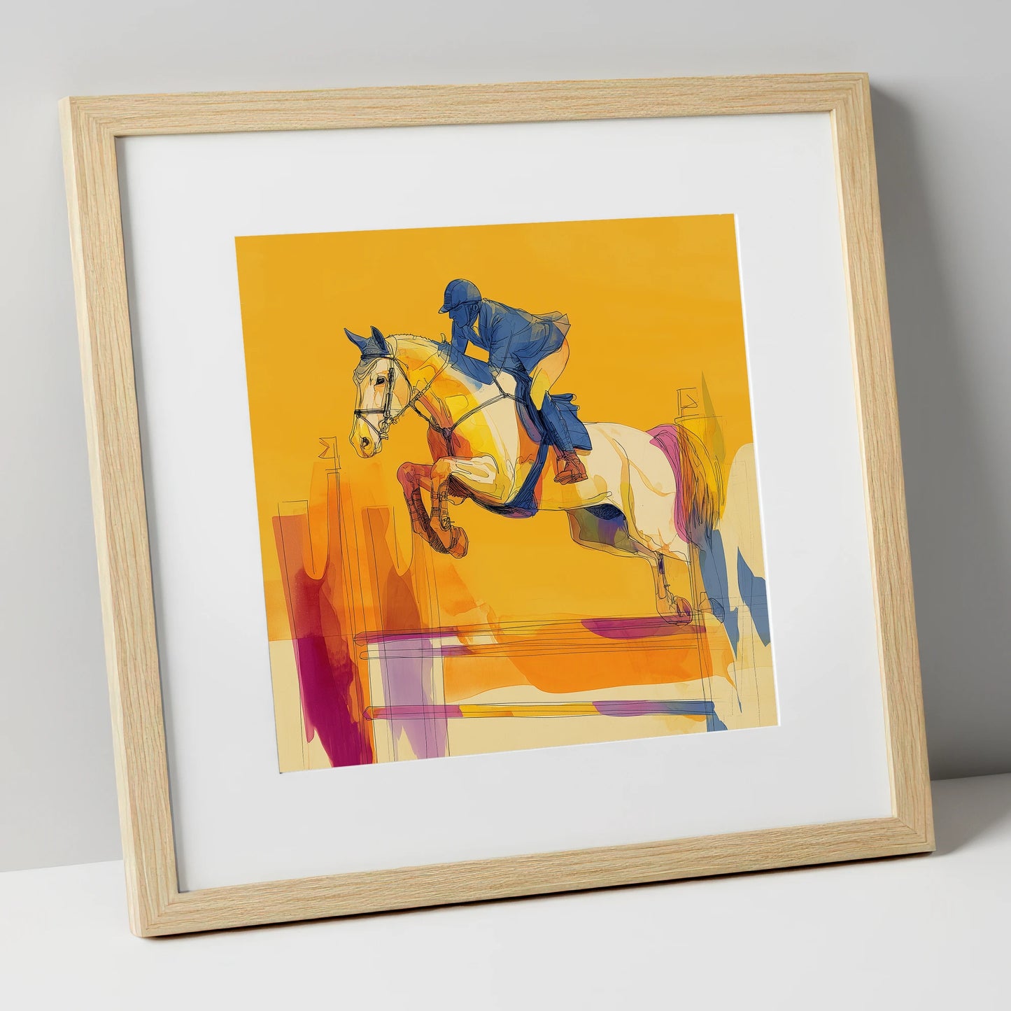 Flight In Gold show jumping horse art print in natural frame