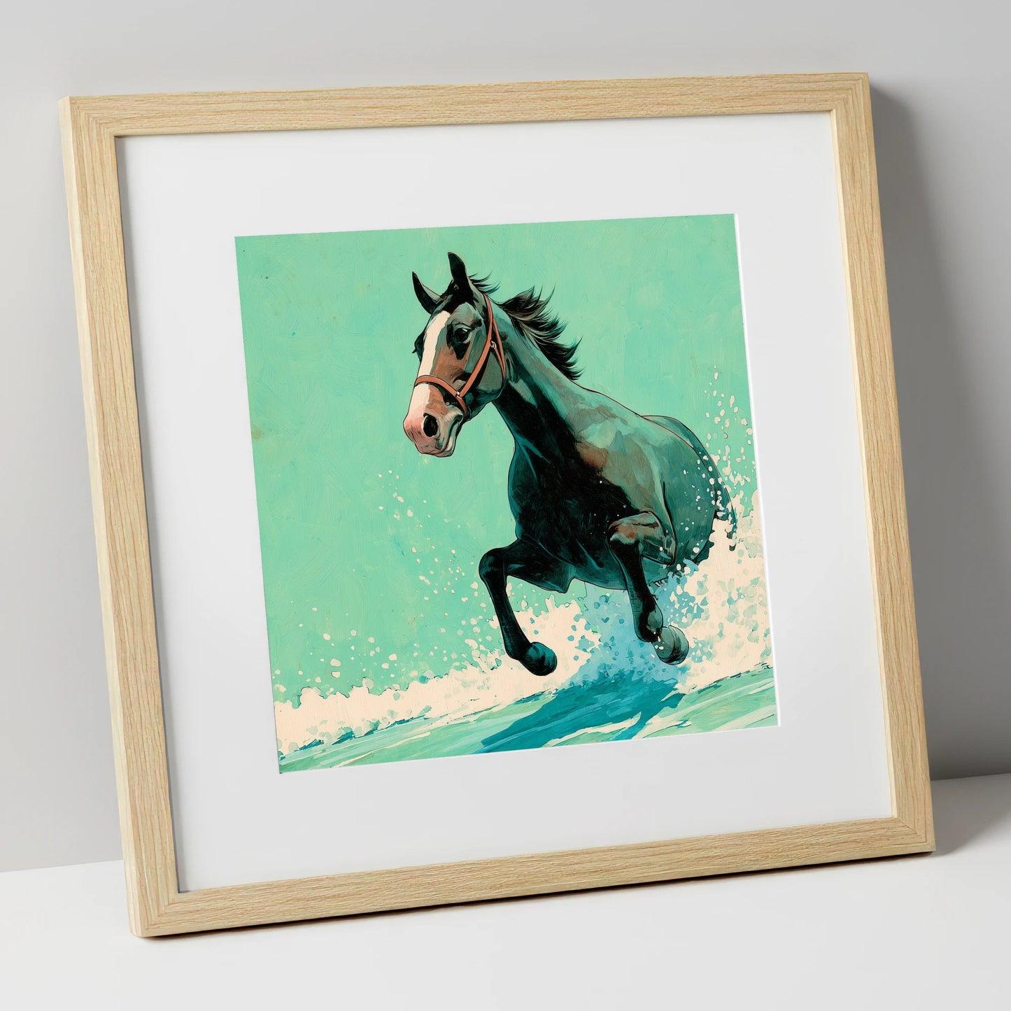 Sea Spray Gallop beach horse art print in natural frame