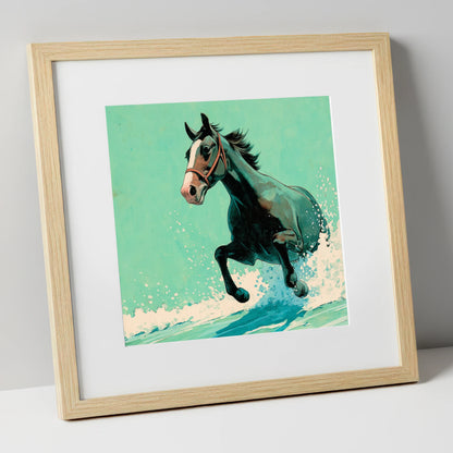 Sea Spray Gallop beach horse art print in natural frame