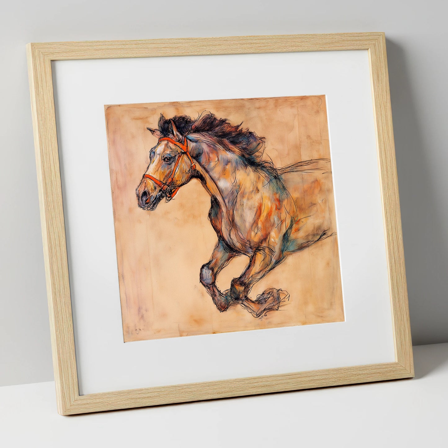 The Morning Gallop racing horse art print in natural frame