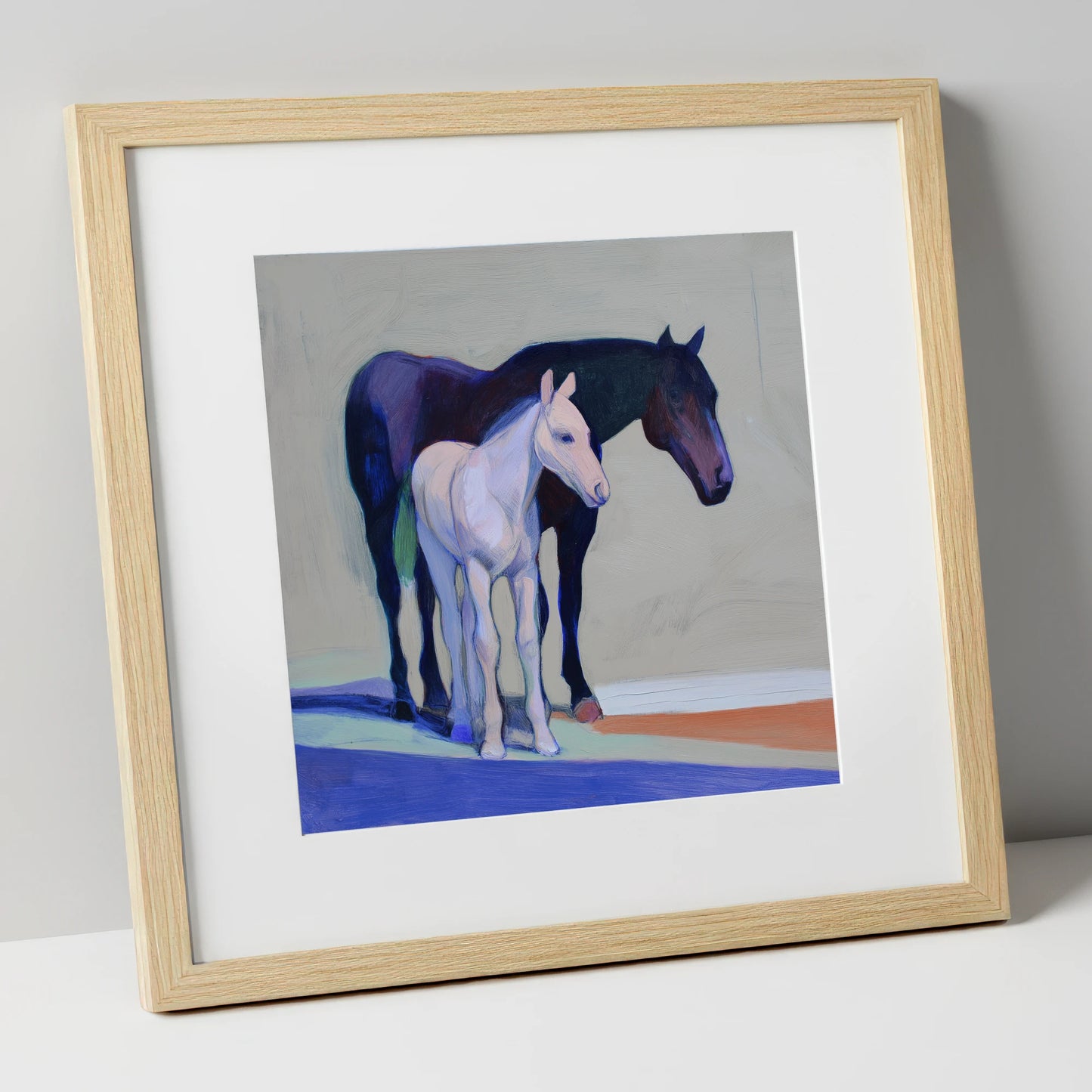 Indigo and Dawn mare & foal art print in natural frame