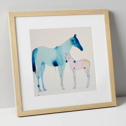 Cerulean Bond mare & foal art print in natural frame