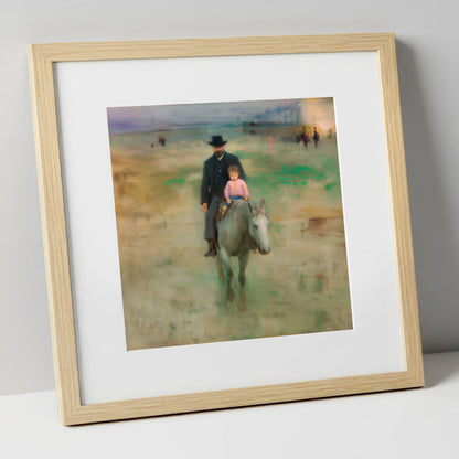 Guiding the Way horse & rider art print in natural frame