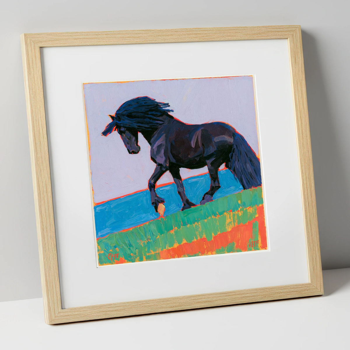 Black Friesian in Bold Landscape horse breed art print in natural frame