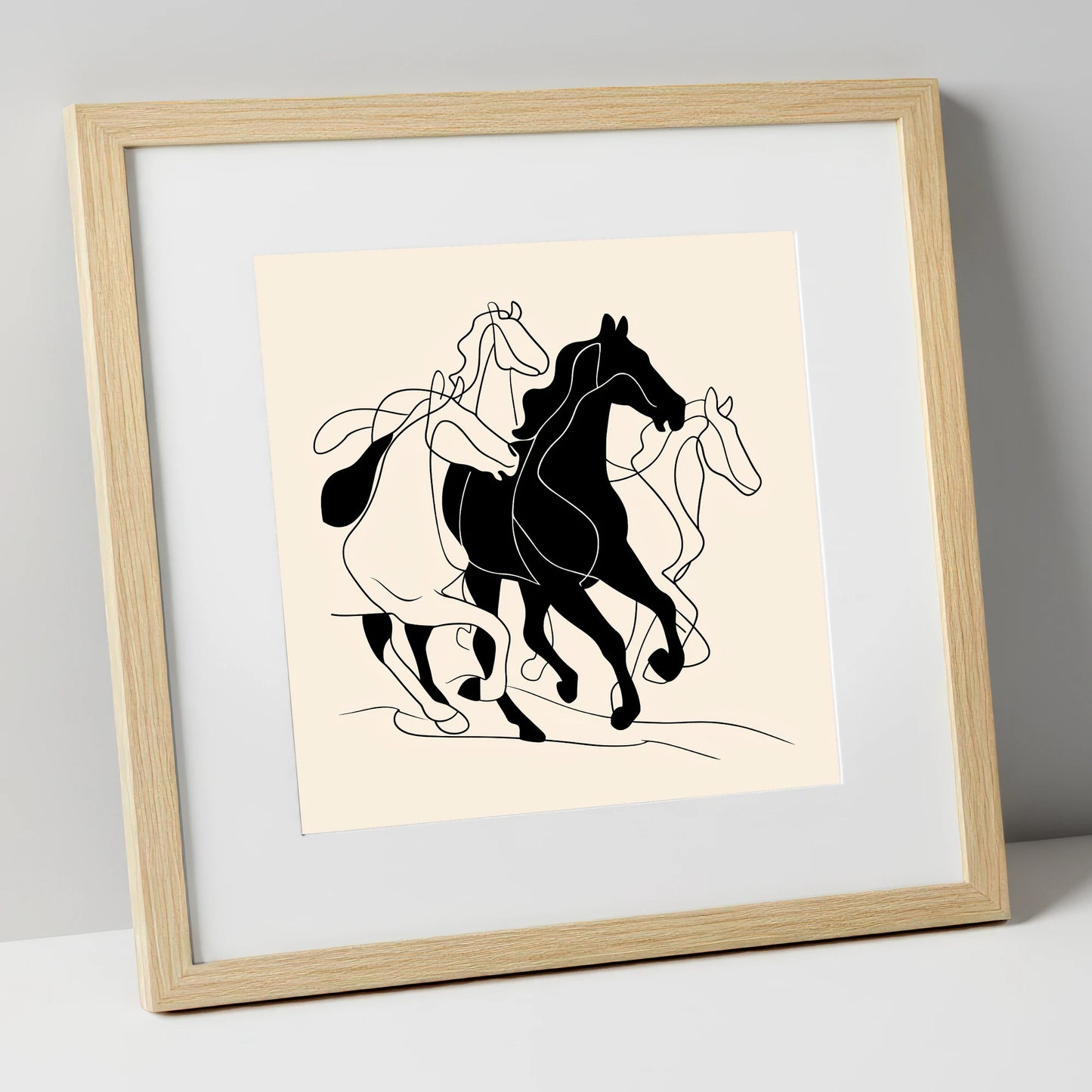Fluid Equine Silhouette wild horses art print in natural frame