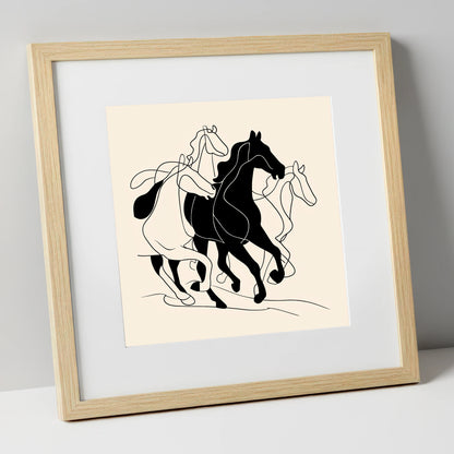 Fluid Equine Silhouette wild horses art print in natural frame
