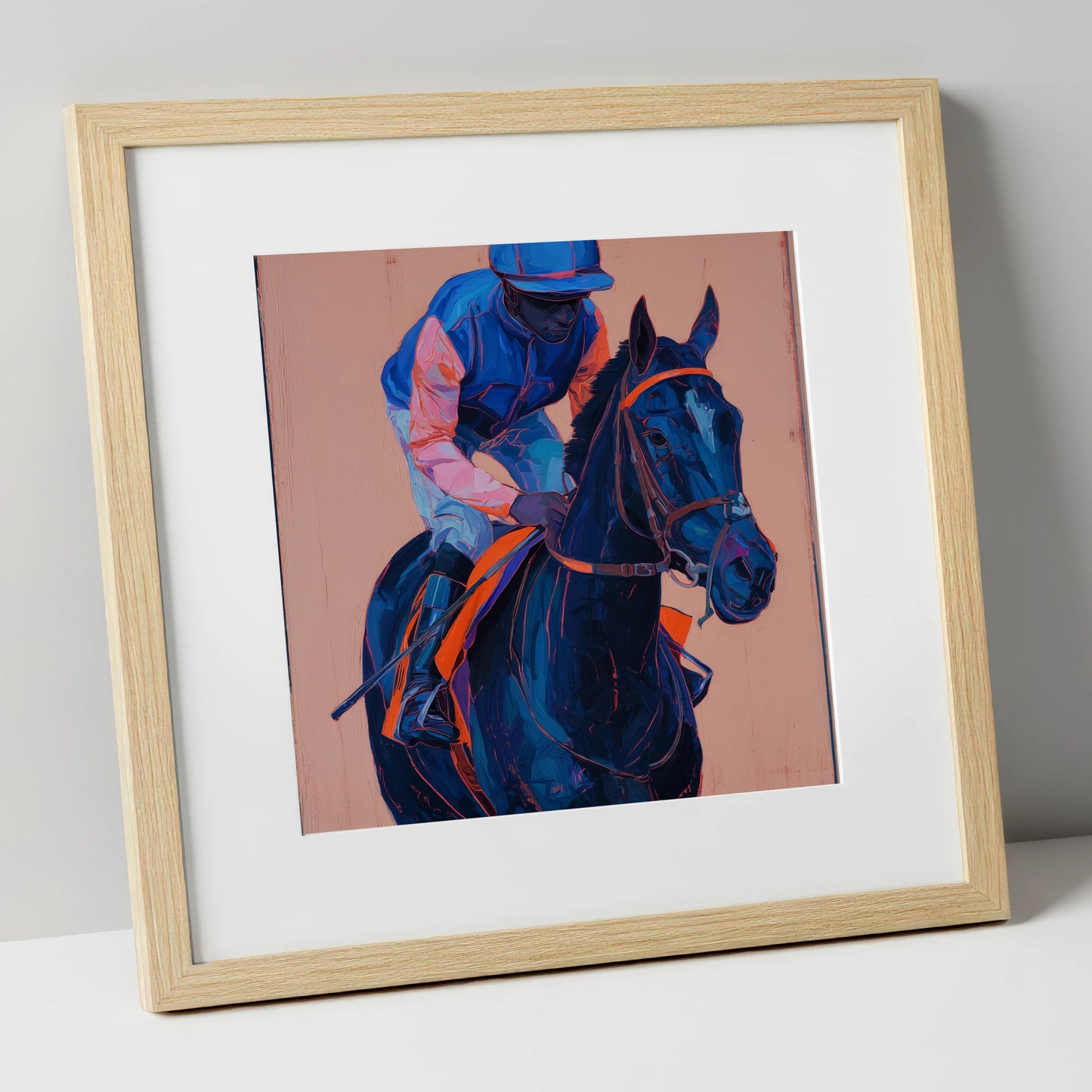 The Indigo Favourite racing horse art print in natural frame