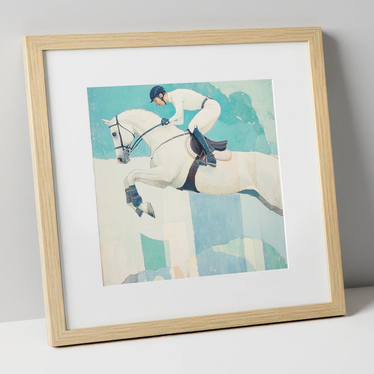 Teal Ascent show jumping horse art print in natural frame