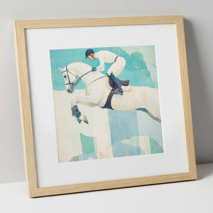 Teal Ascent show jumping horse art print in natural frame