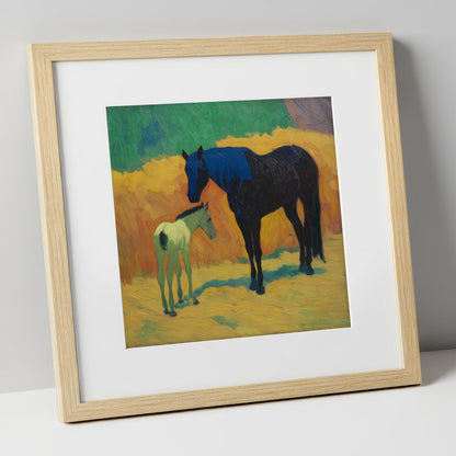 Radiant First Steps mare & foal art print in natural frame