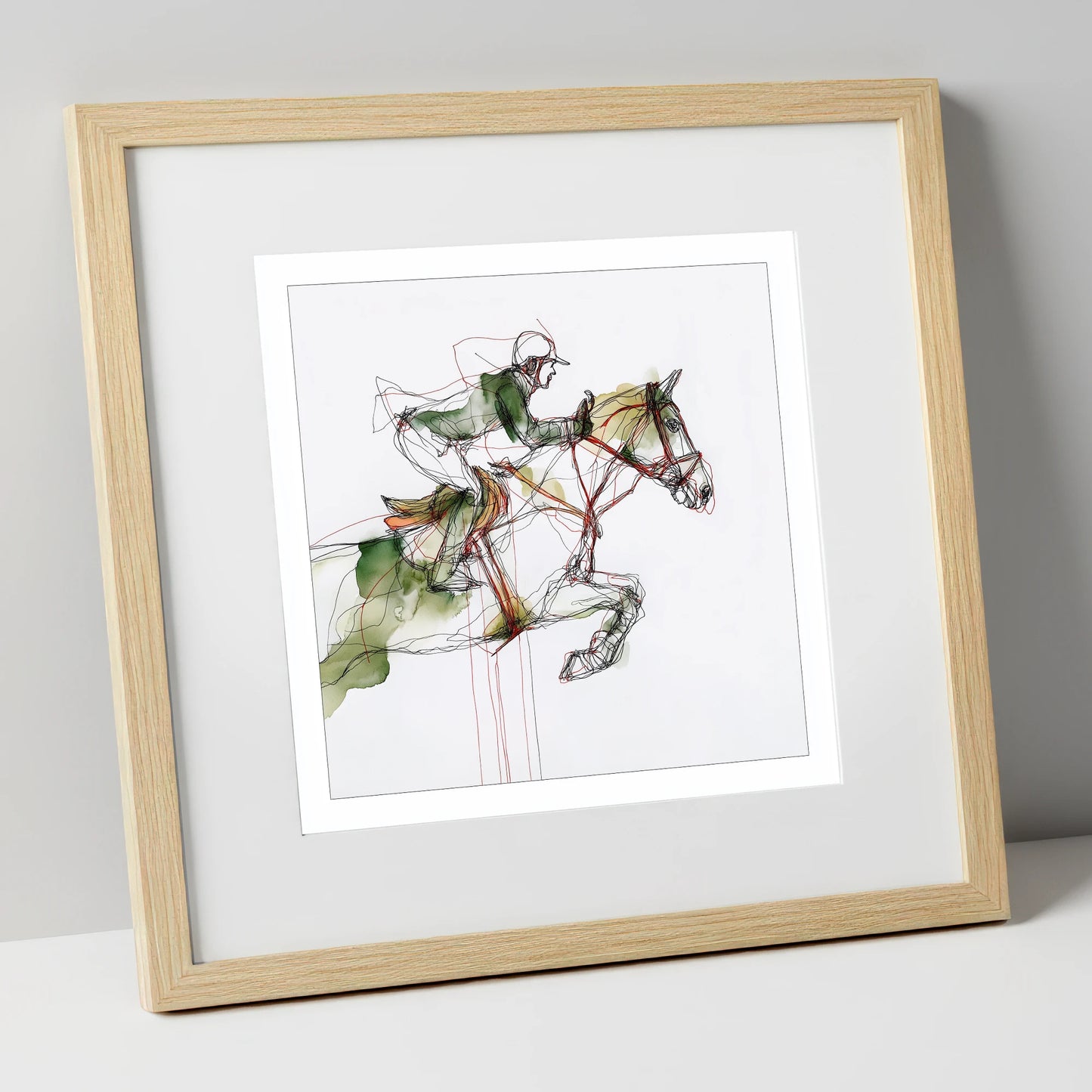Dynamic Flight show jumping horse art print in natural frame