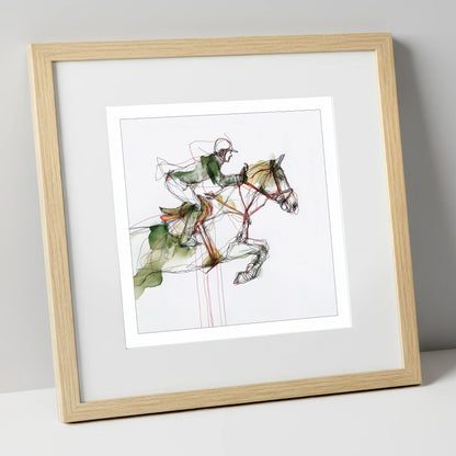 Dynamic Flight show jumping horse art print in natural frame