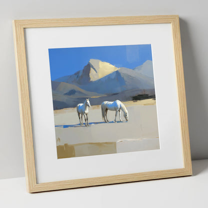 Golden Peak Greys horse landscape art print in natural frame