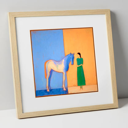 The Silent Bond horse & rider art print in natural frame