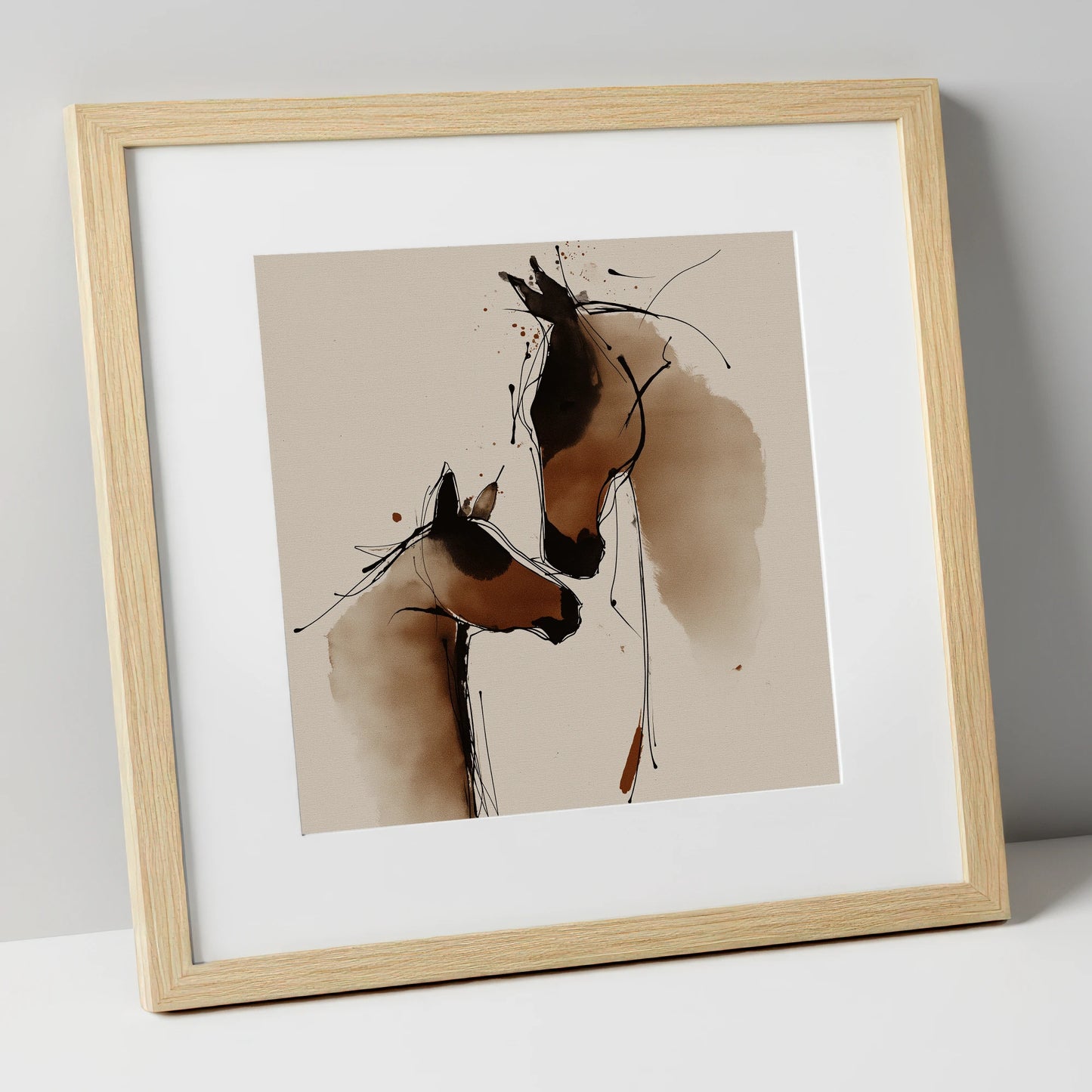 Tender Sepia Bond mare & foal art print in natural frame