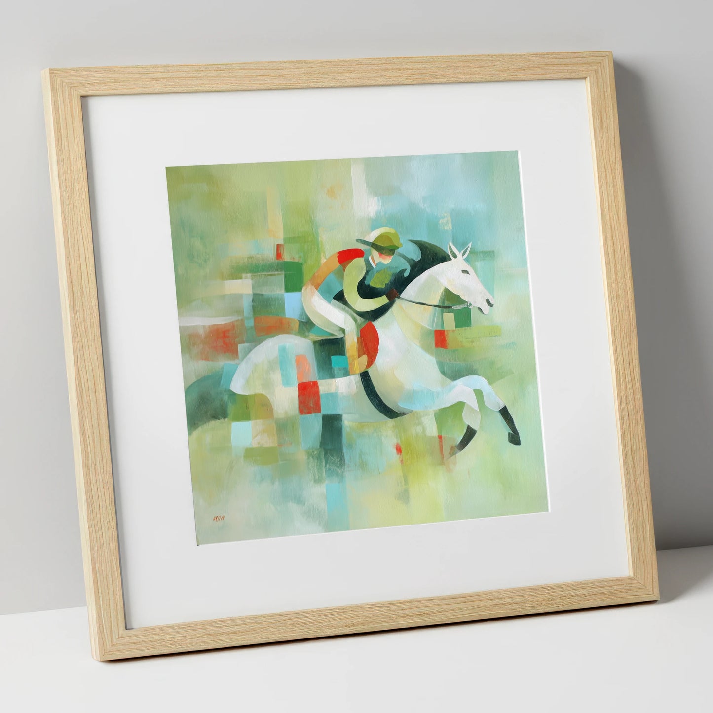 Modern Turf Mosaic racing horse art print in natural frame