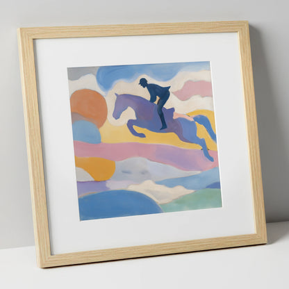Pastel Flight show jumping horse art print in natural frame