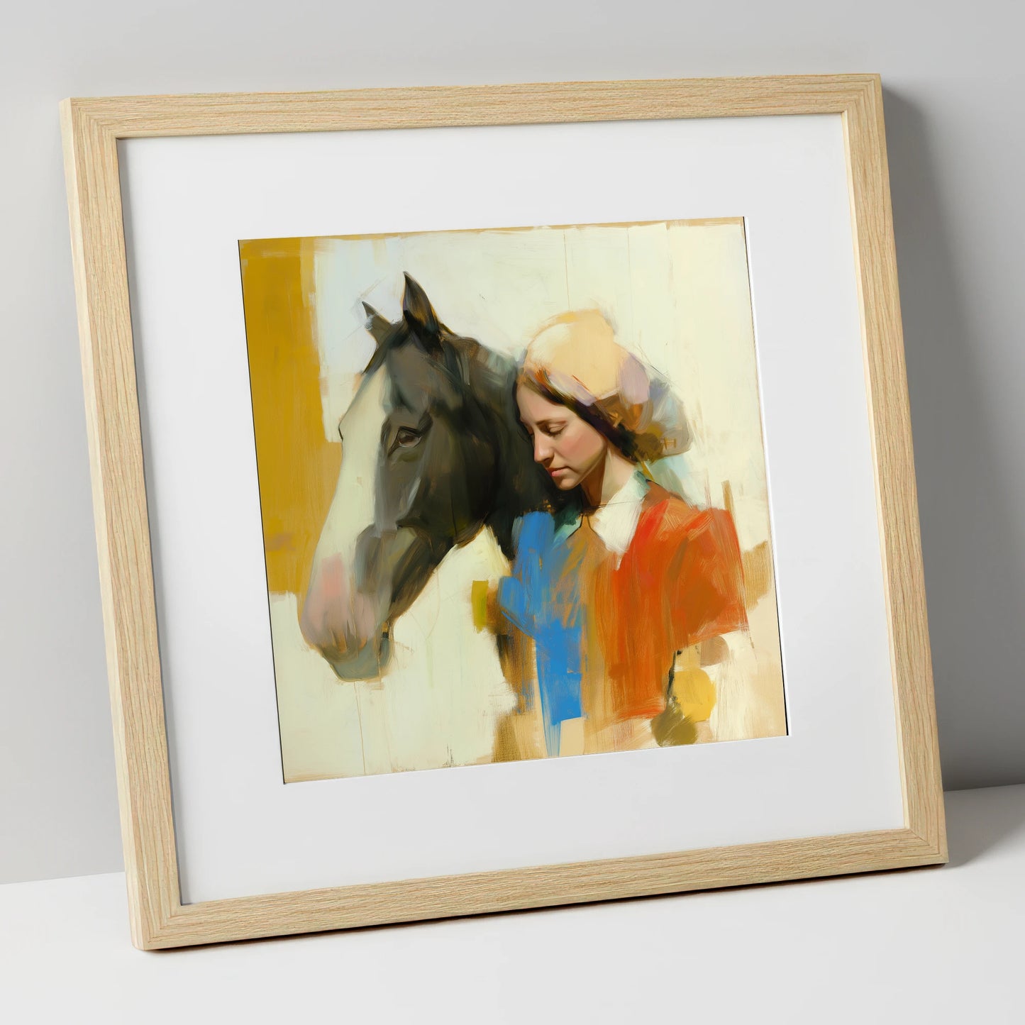 Unspoken Bond horse & rider art print in natural frame