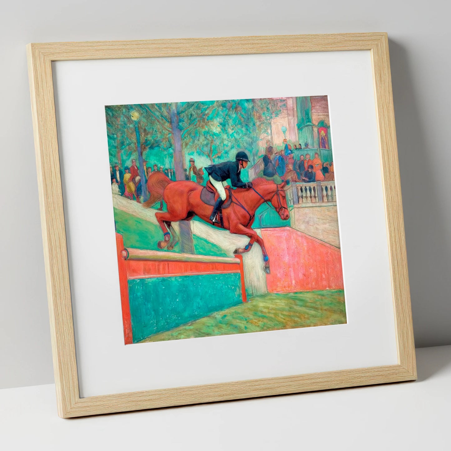 The Emerald Leap show jumping horse art print in natural frame