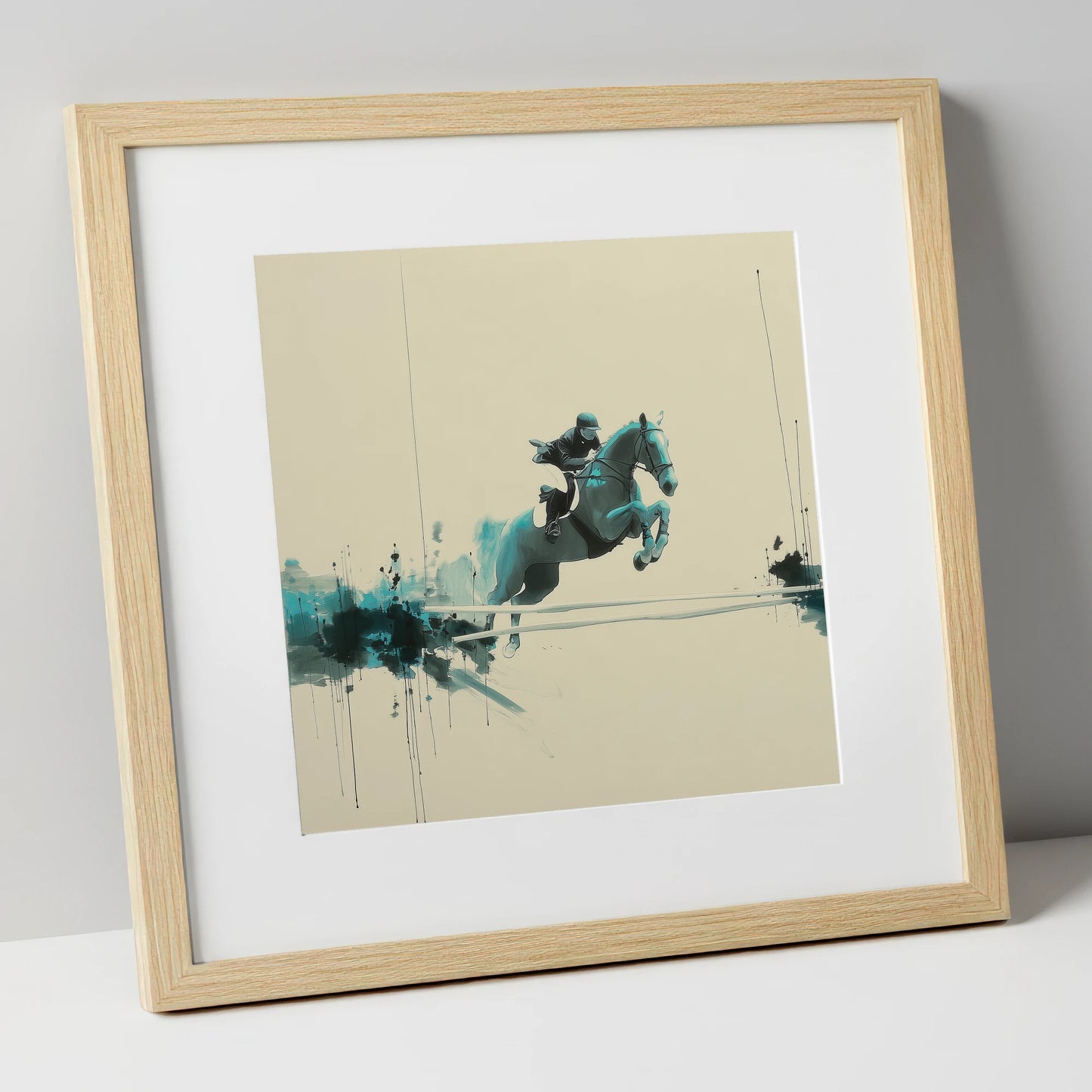 Teal Ascent show jumping horse art print in natural frame