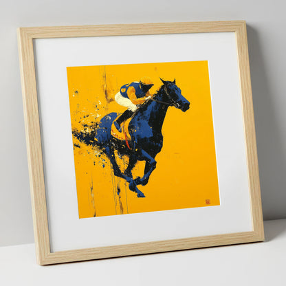 Midnight Pace on Gold racing horse art print in natural frame