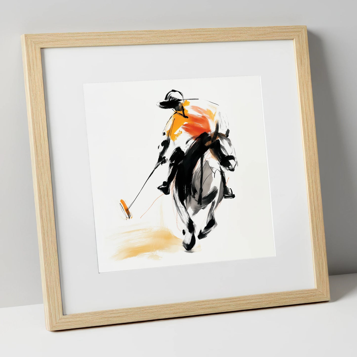 Amber Strike polo horse art print in natural frame