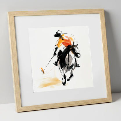 Amber Strike polo horse art print in natural frame