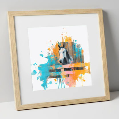 The Inquisitive Grey horse stable art print in natural frame