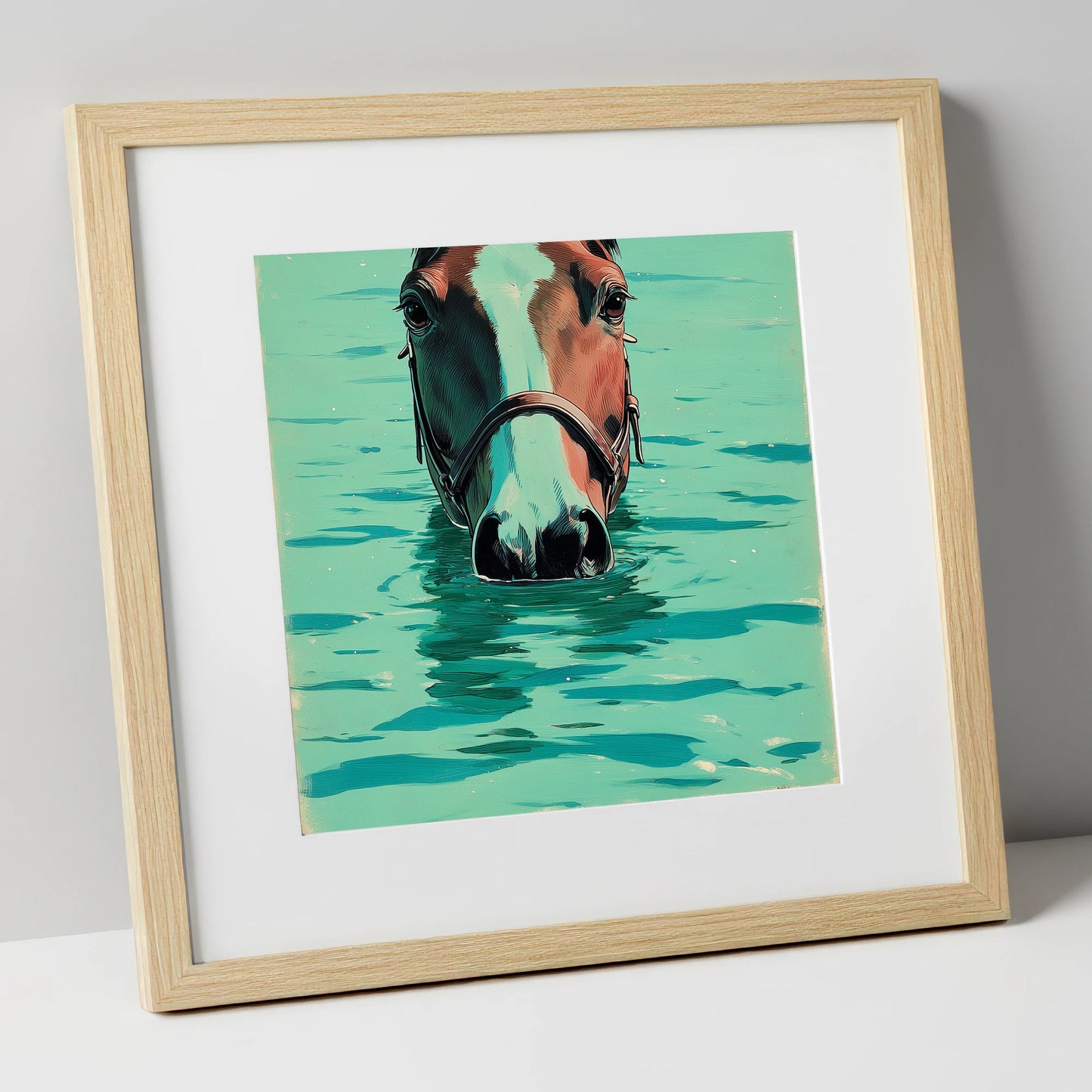 Teal Water Swim beach horse art print in natural frame