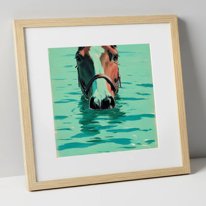Teal Water Swim beach horse art print in natural frame