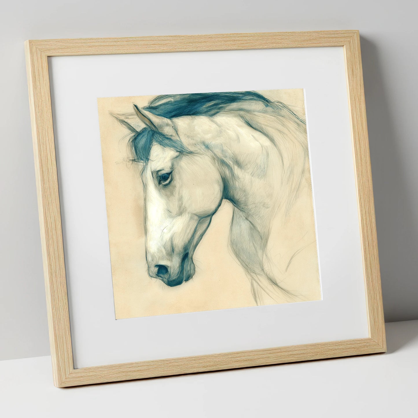 Quiet Grey Profile horse portrait art print in natural frame