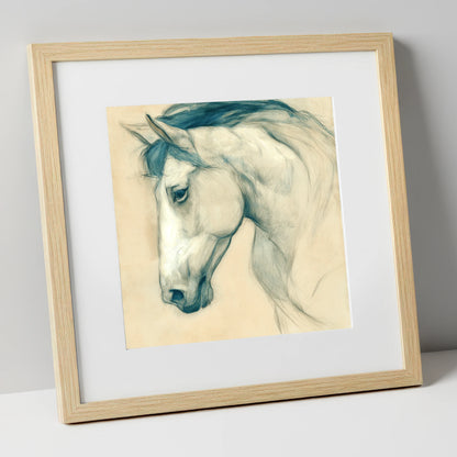Quiet Grey Profile horse portrait art print in natural frame