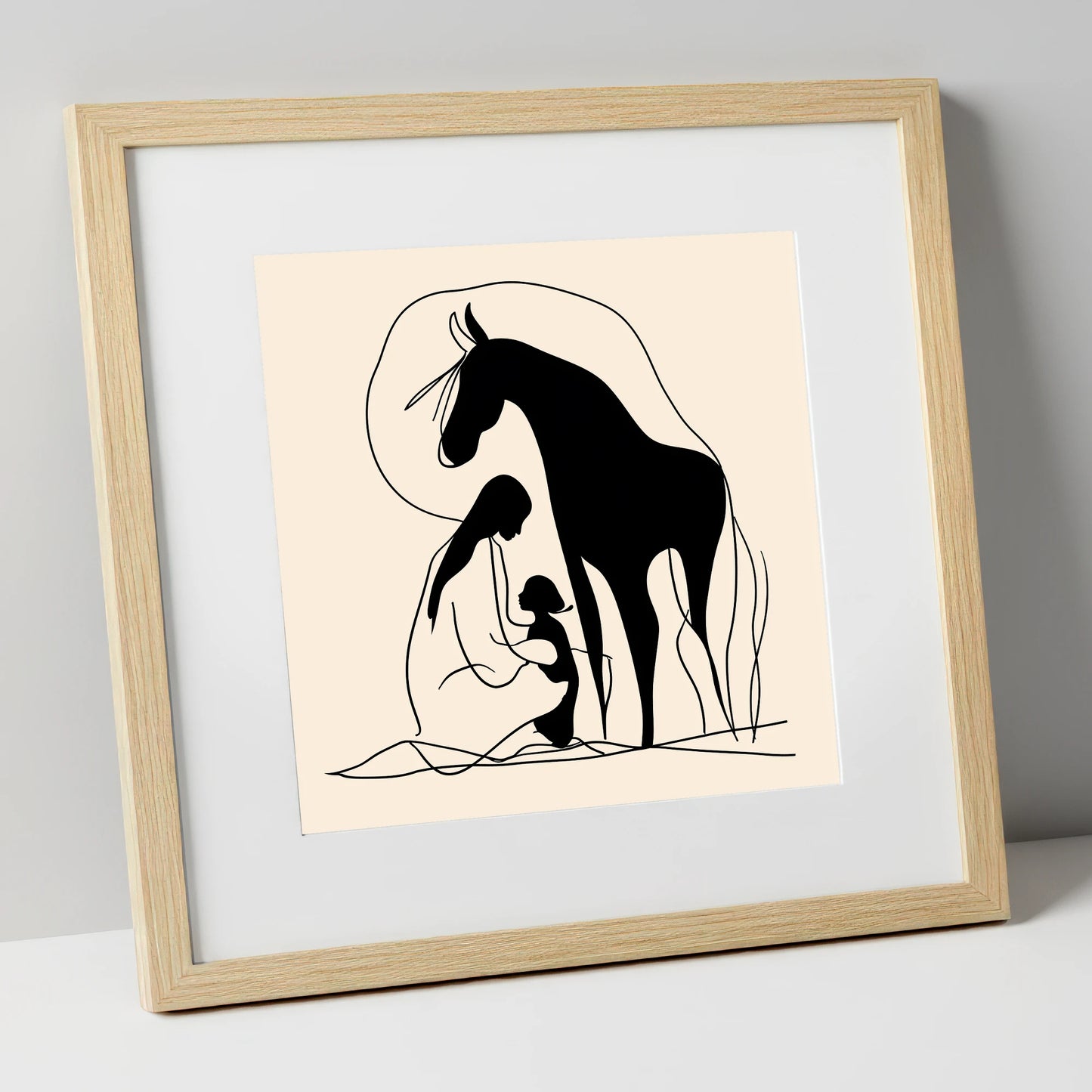 The Gentle Guardian horse & rider art print in natural frame