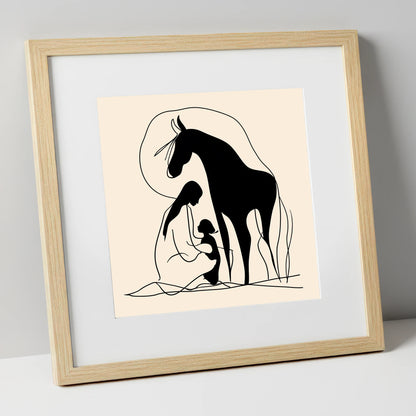 The Gentle Guardian horse & rider art print in natural frame