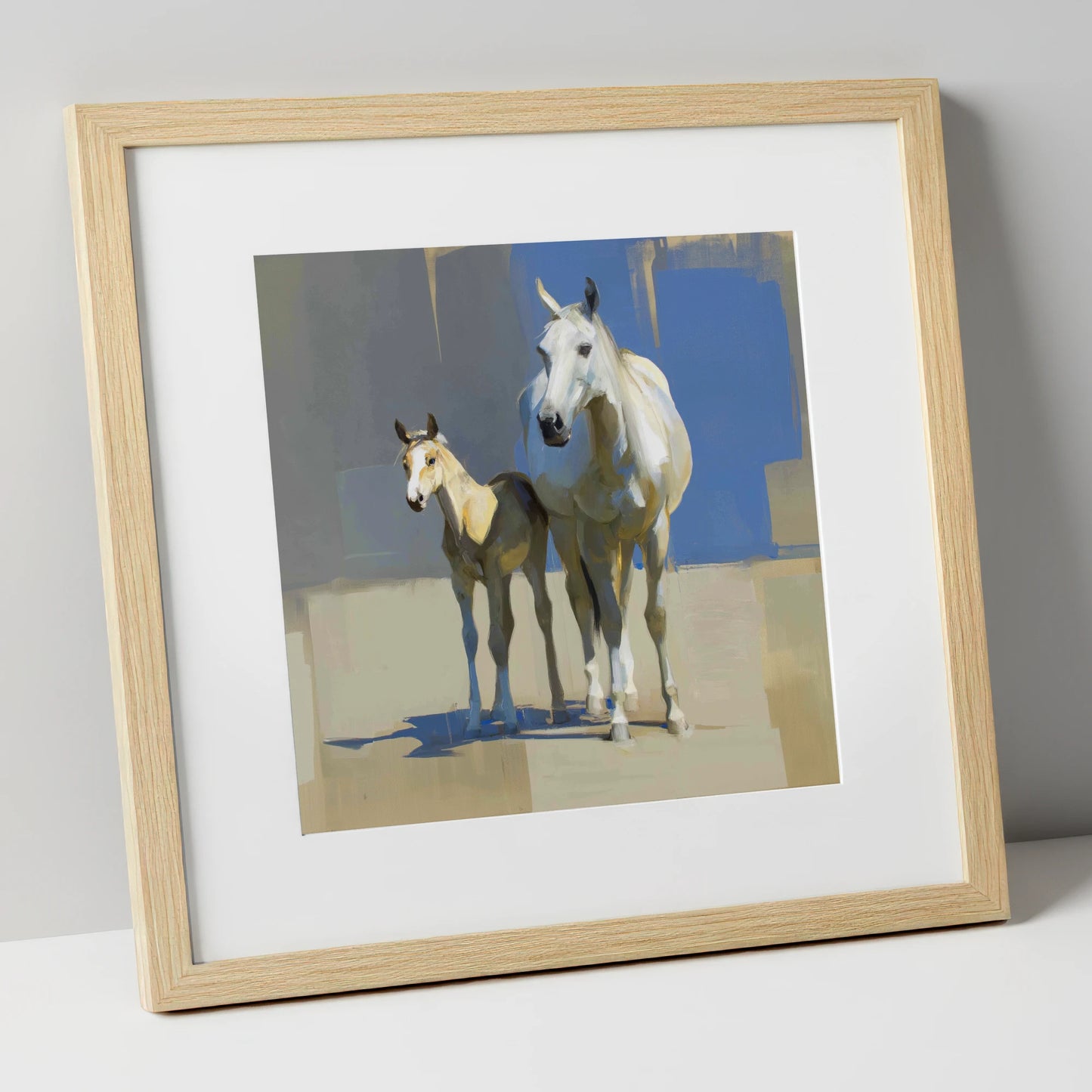 Sunlit Bonds mare & foal art print in natural frame
