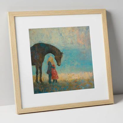 A Quiet Guardian horse & rider art print in natural frame