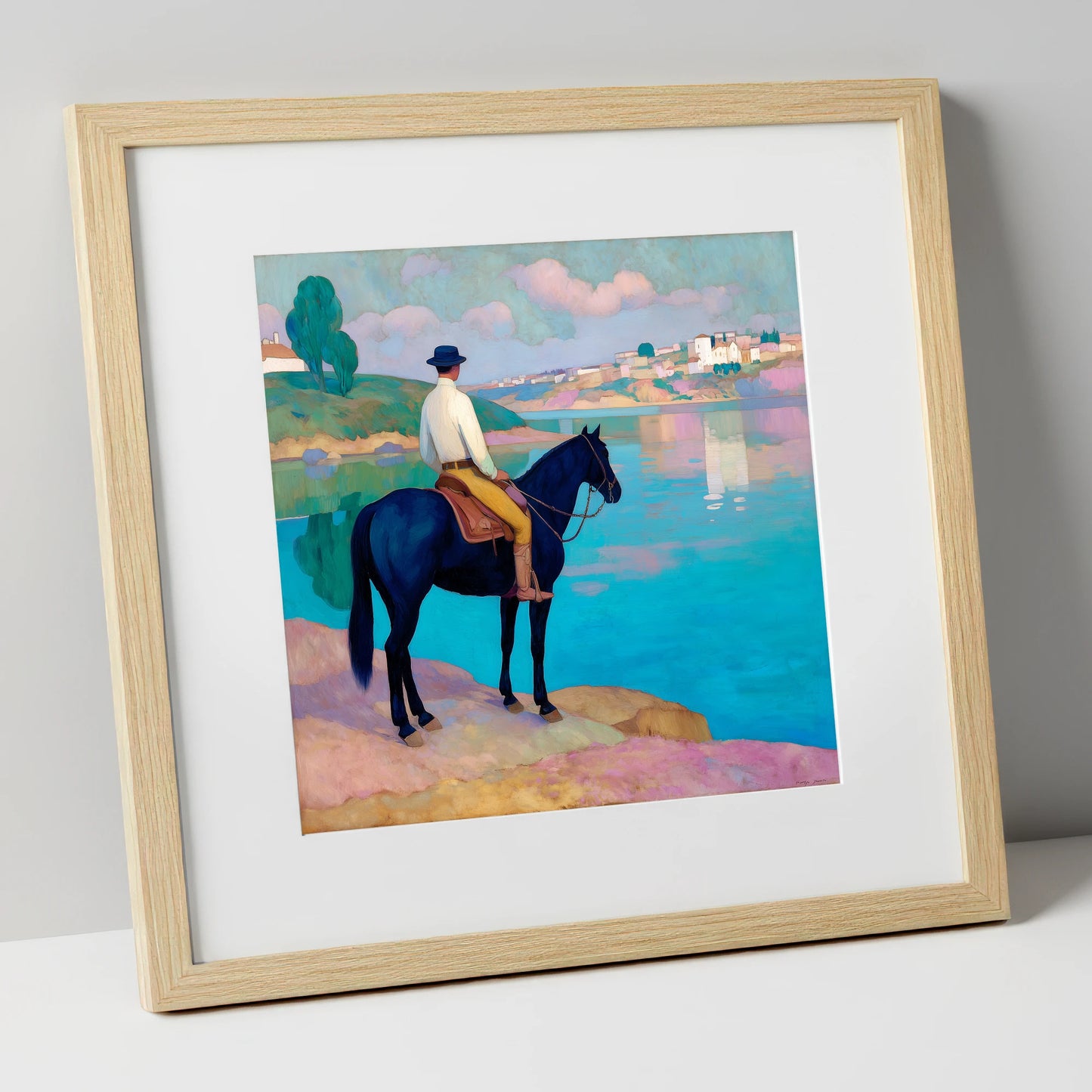 Gazing Across Vivid Waters beach horse art print in natural frame