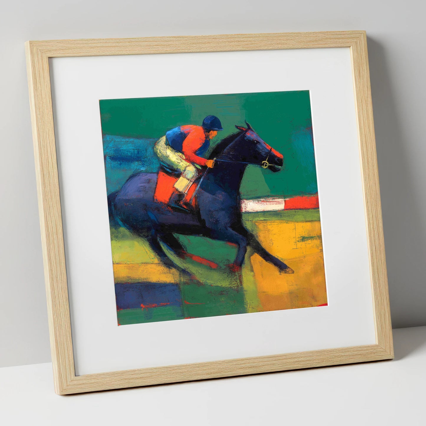 Thundering Colours racing horse art print in natural frame